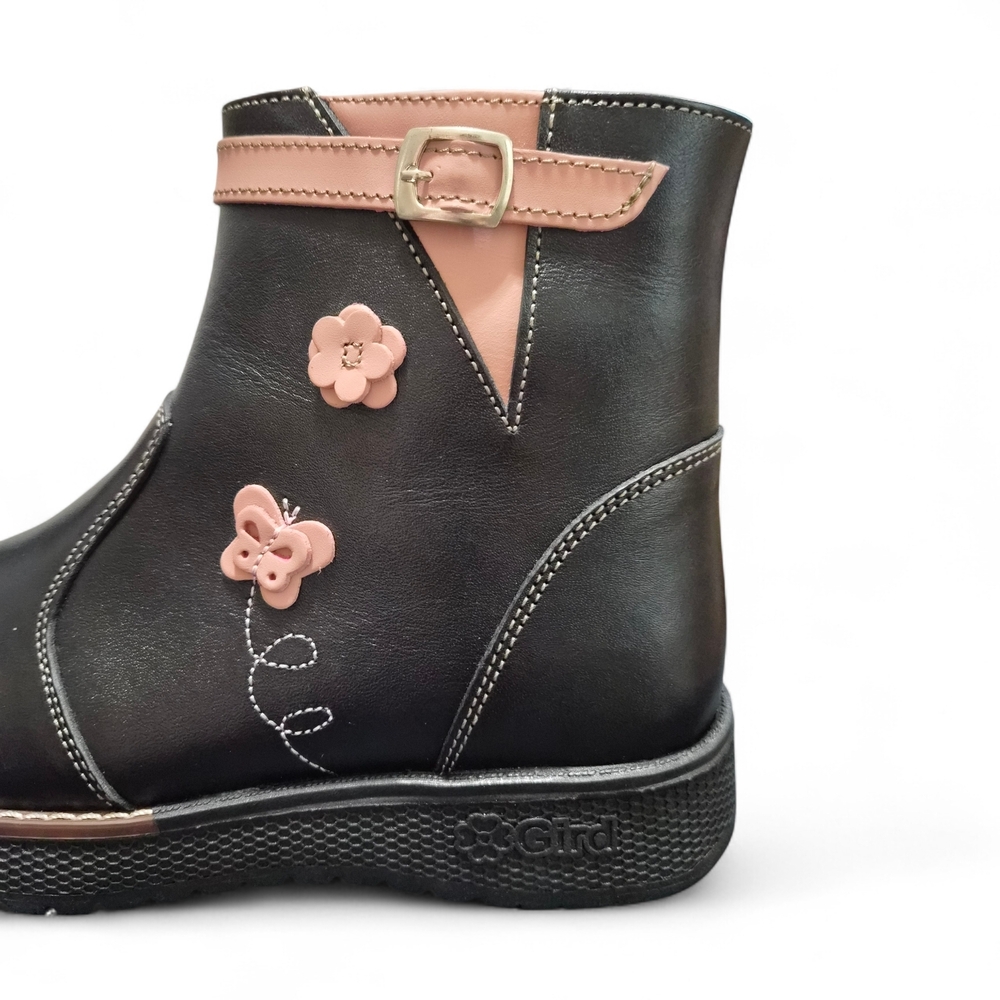 Black Leather Ankle Boots Pink Floral Accents Size 4 (Big Girl) - Picture 4 of 11